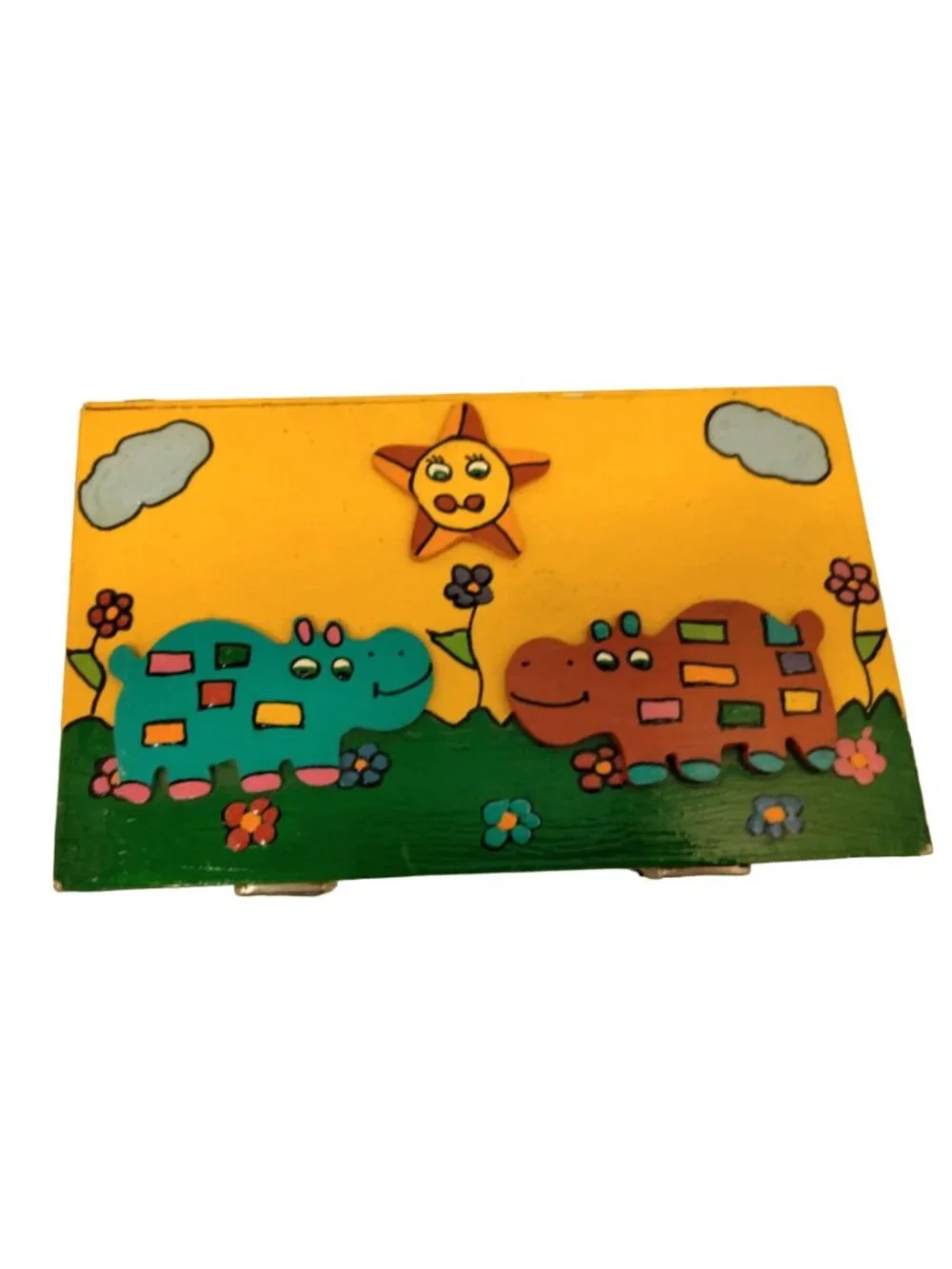 Hand Painted Wood Lunchbox Hippos Storage Box Handmade Yellow 3D
